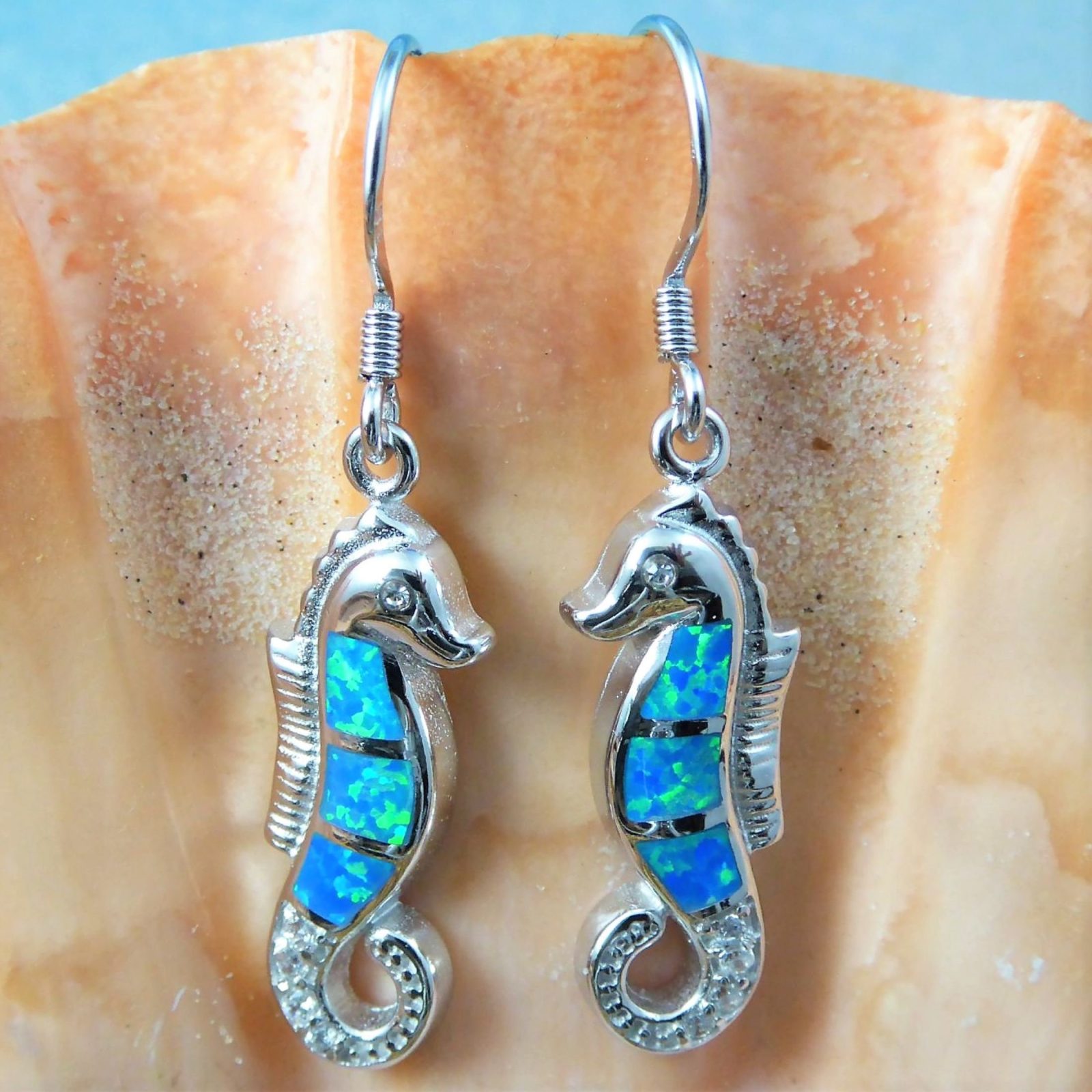 Lovely Blue Opal Inlay Sea Horse Dangle Earrings Small Blue Inlay Earrings Sterling Silver Earring Dainty Blue Opal Sea Horse Jewelry