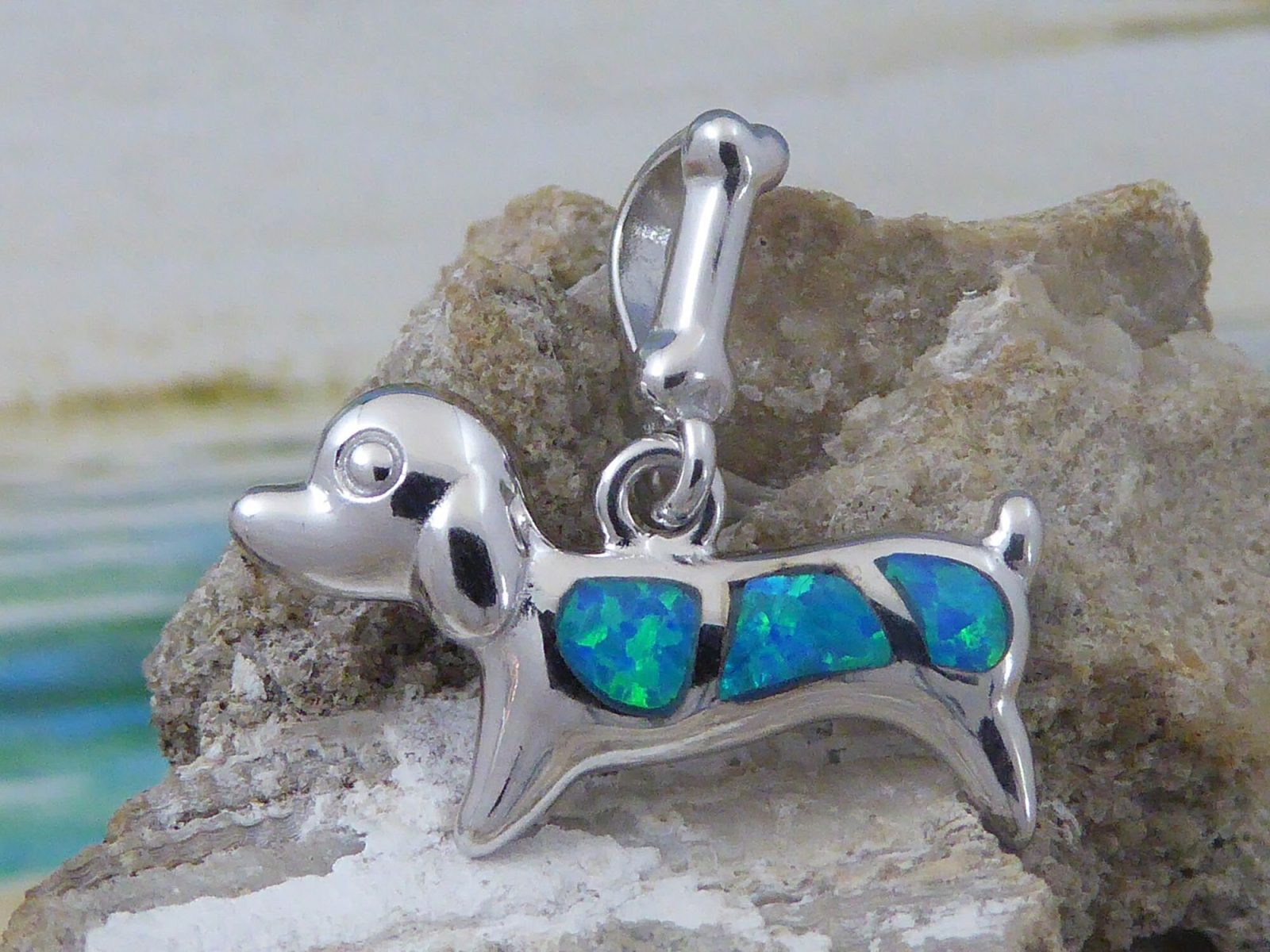 Sterling Silver Dachshund charm • Blue Opal, Rhodium finish • Weiner dog •  Free fast shipping • badger dog pendant • Canine jewelry - Jewelry Network 