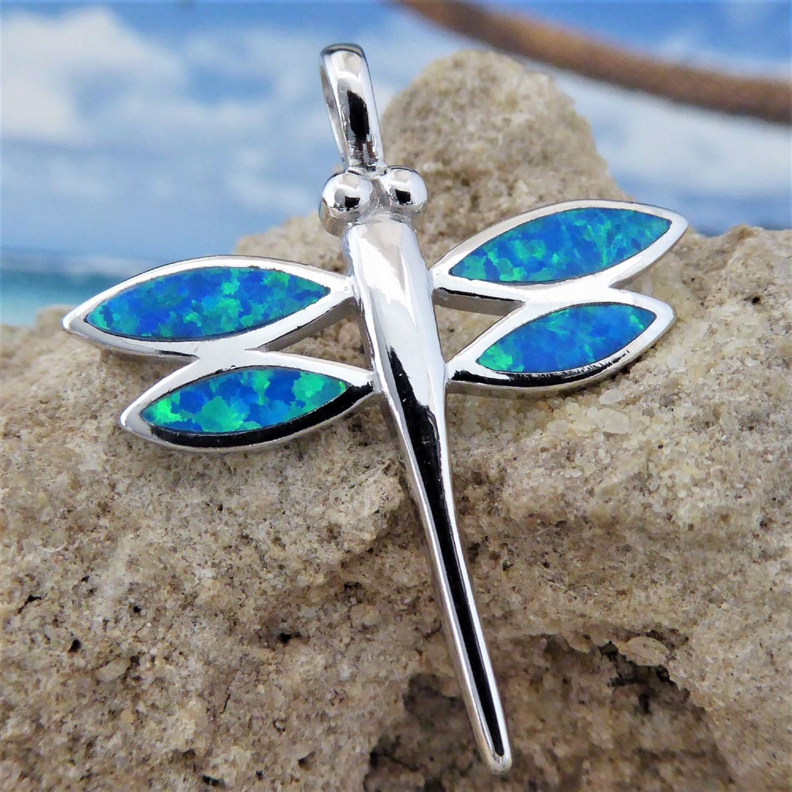 Sterling Silver Dragonfly pendant with blue opal wings Insects Jewelry Free Shipping. pendant sets insect pendants