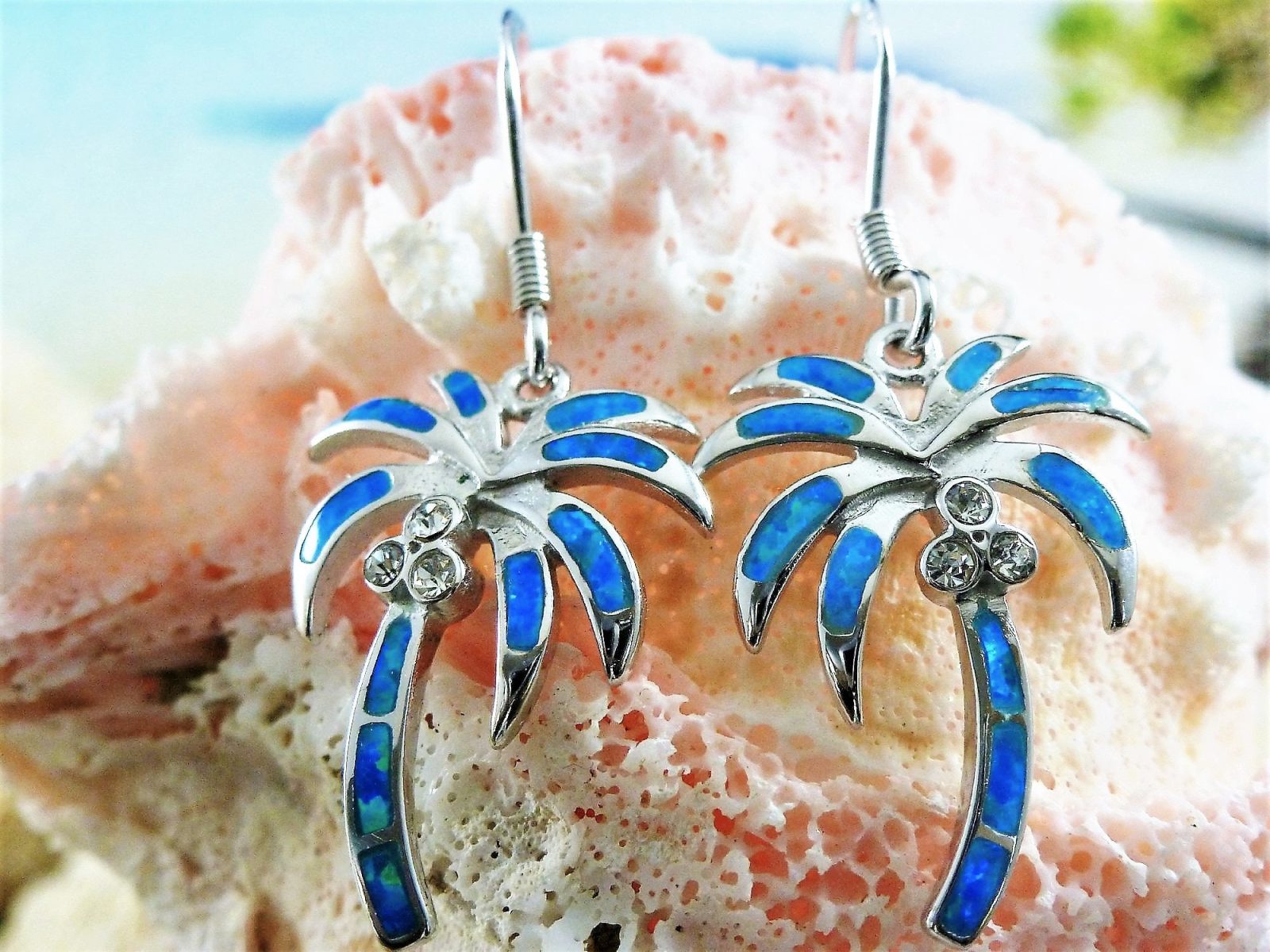 Silver palm tree earrings, 1 3/8" long Rhodium finish Sterling Opal CZ ...