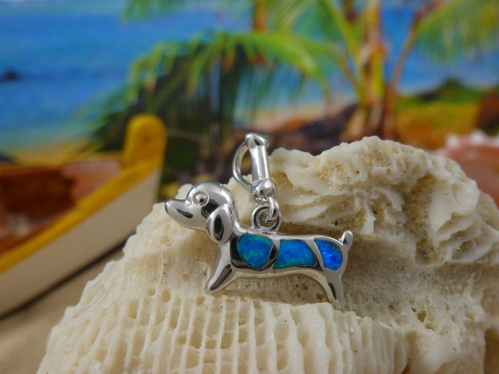 Sterling Silver Dachshund charm • Blue Opal, Rhodium finish • Weiner dog •  Free fast shipping • badger dog pendant • Canine jewelry