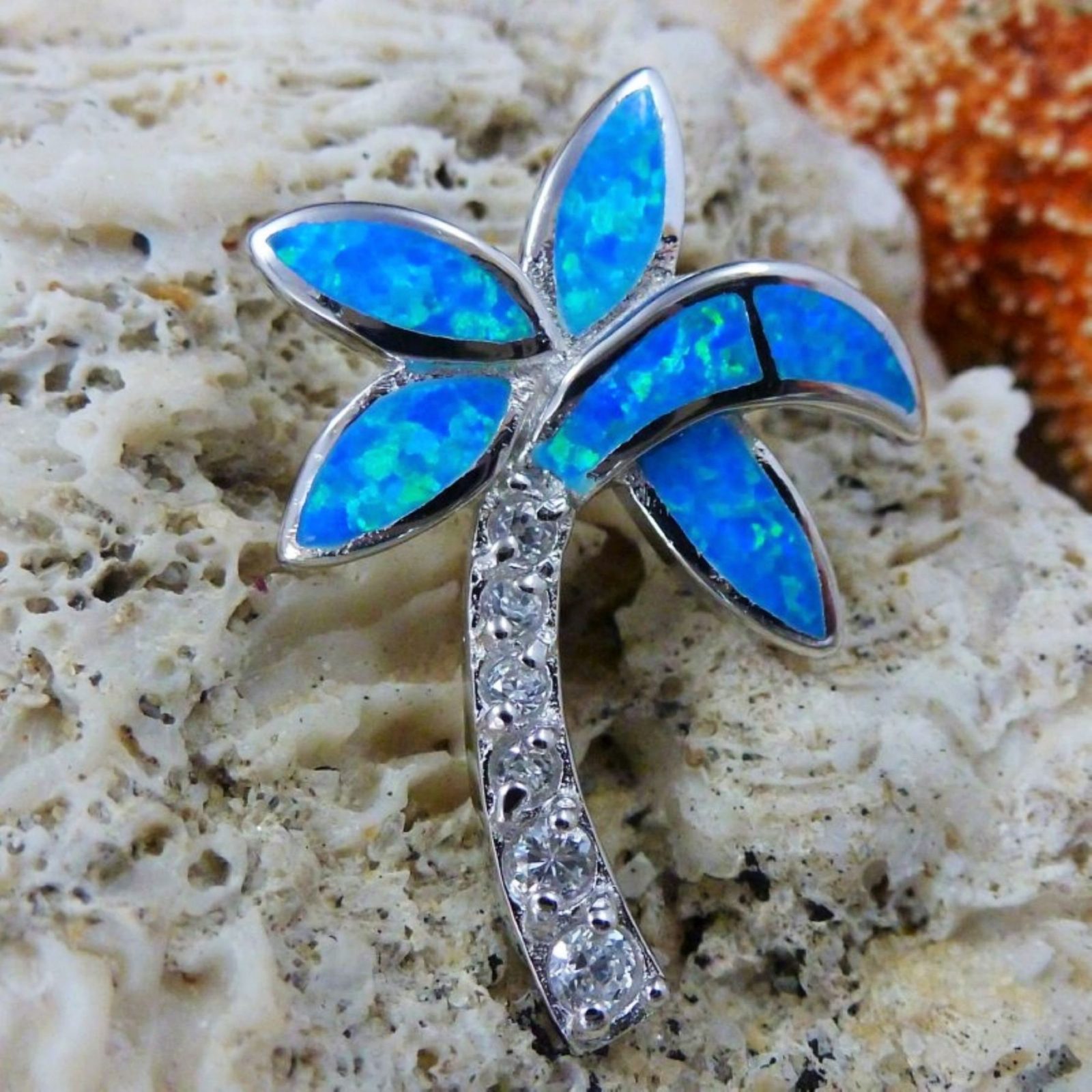 925 Sterling Silver Palm Tree Pendant Inlay Blue Opal fronds and czs trunk Tropical Jewelry Fast and Free Shipping in USA beach pendant
