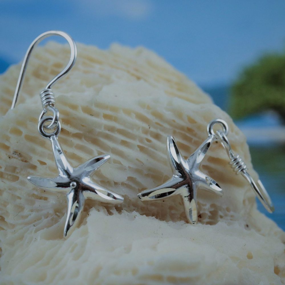 Silver Starfish Earrings. 925 Sterling sea star dangle earrings diamond cut Sea life starfish Jewelry gift for her Free fast Shipping