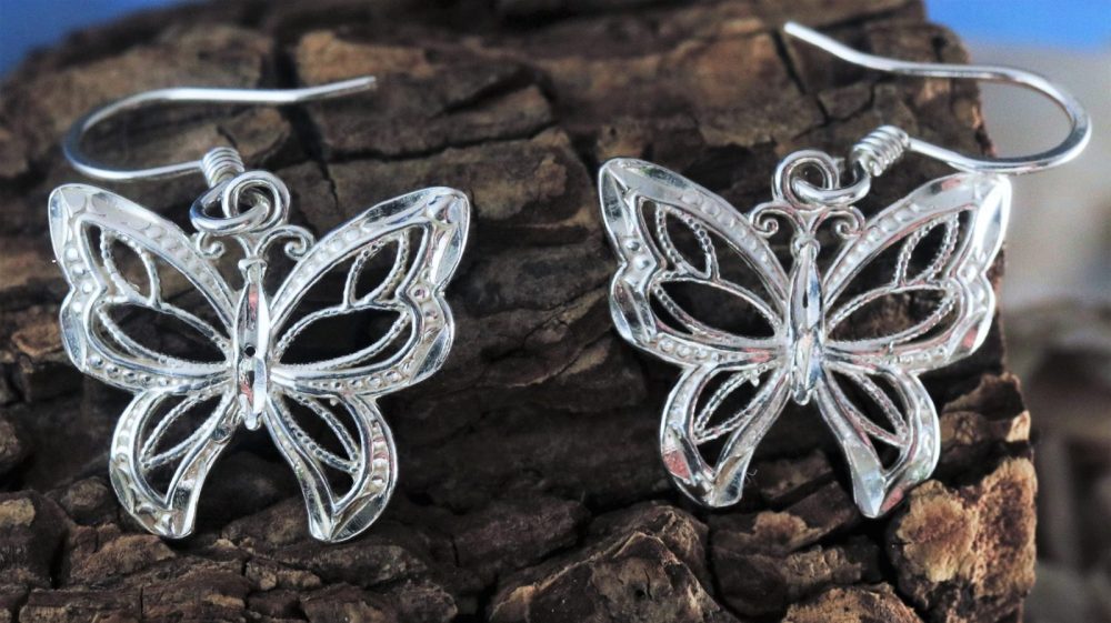 Silver Butterfly earrings 1 1 4 long Diamond cut Sterling filigree Monarch Butterfly dangle drop jewelry gift for her Fast free Shipping Jewelry Network Inc