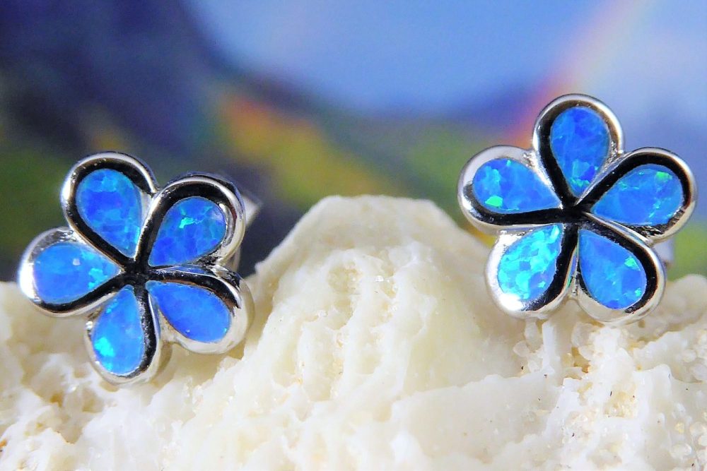 Cute 925 Sterling Silver blue Opal 10mm Hawaiian Plumeria Stud Earrings Rhodium finish. Fast free shipping Jewelry Network Inc