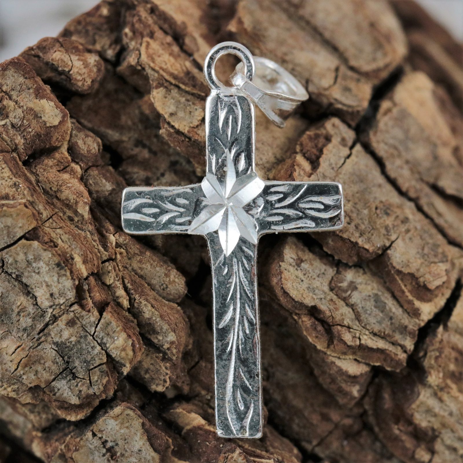 Sterling Silver Crucifix Cross Wood Jesus Pendant