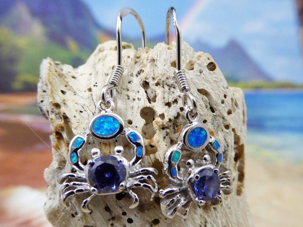 Silver Crab Dangle Earrings with Blue Opal Claws Tanzanite Back Opal Earrings gift for her Sea life Rhodium finish Fast Free Shipping