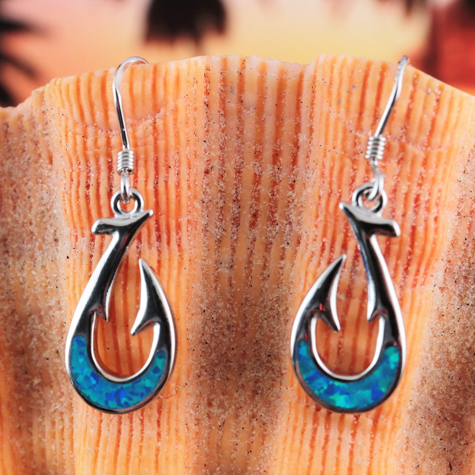 Silver Hawaiian Fish hook dangle wire earrings inlaid blue Opal Fisherman's  jewelry, Free Fast shipping Rhodium finish. Maui hook - Jewelry Network Inc