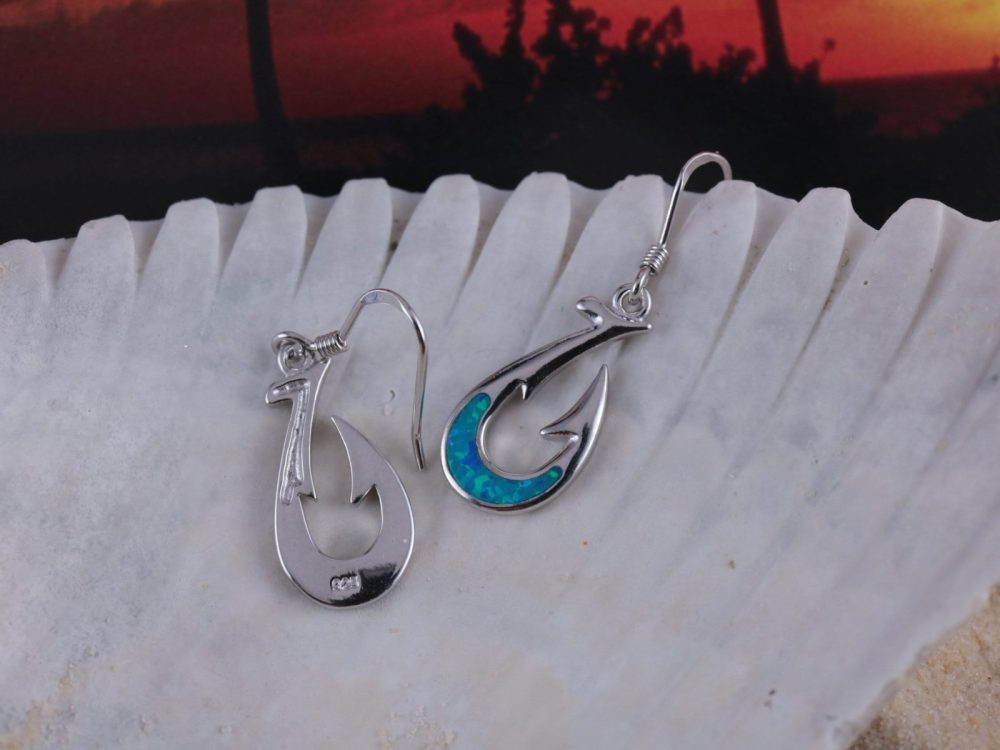Silver Hawaiian Fish hook dangle wire earrings inlaid blue Opal