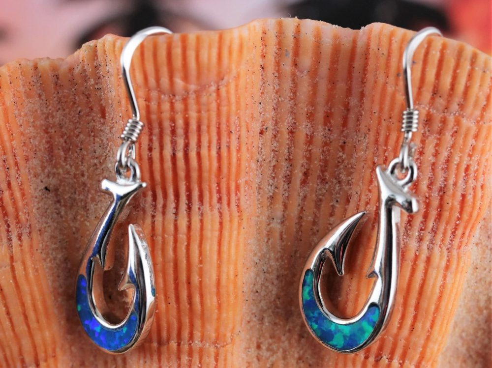 Silver Hawaiian Fish hook dangle wire earrings inlaid blue Opal Fisherman's  jewelry, Free Fast shipping Rhodium finish. Maui hook - Jewelry Network Inc