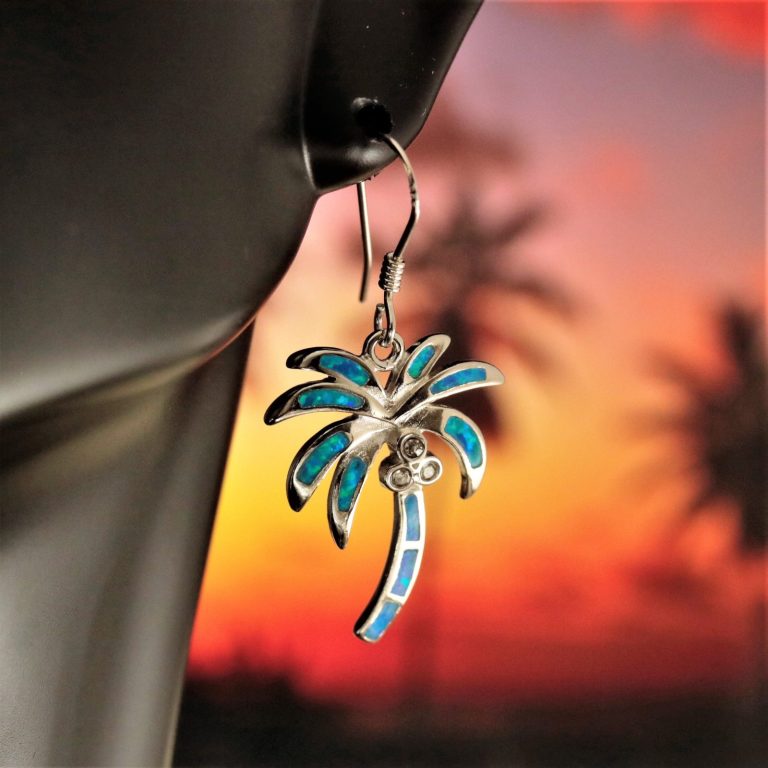 Silver palm tree earrings, 1 3/8" long Rhodium finish Sterling Opal CZ ...