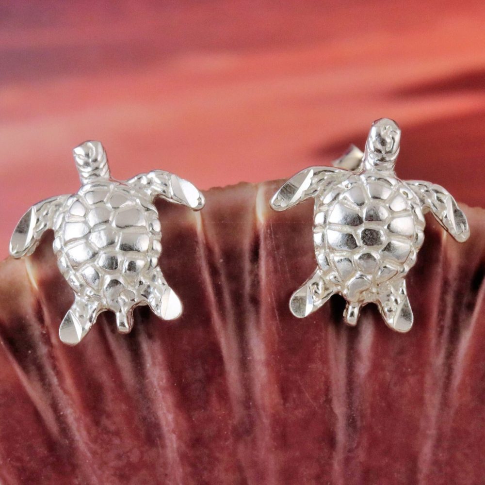 Silver Sea Turtle earrings, 925 sea turtle post, studs, Diamond cut Sea ...