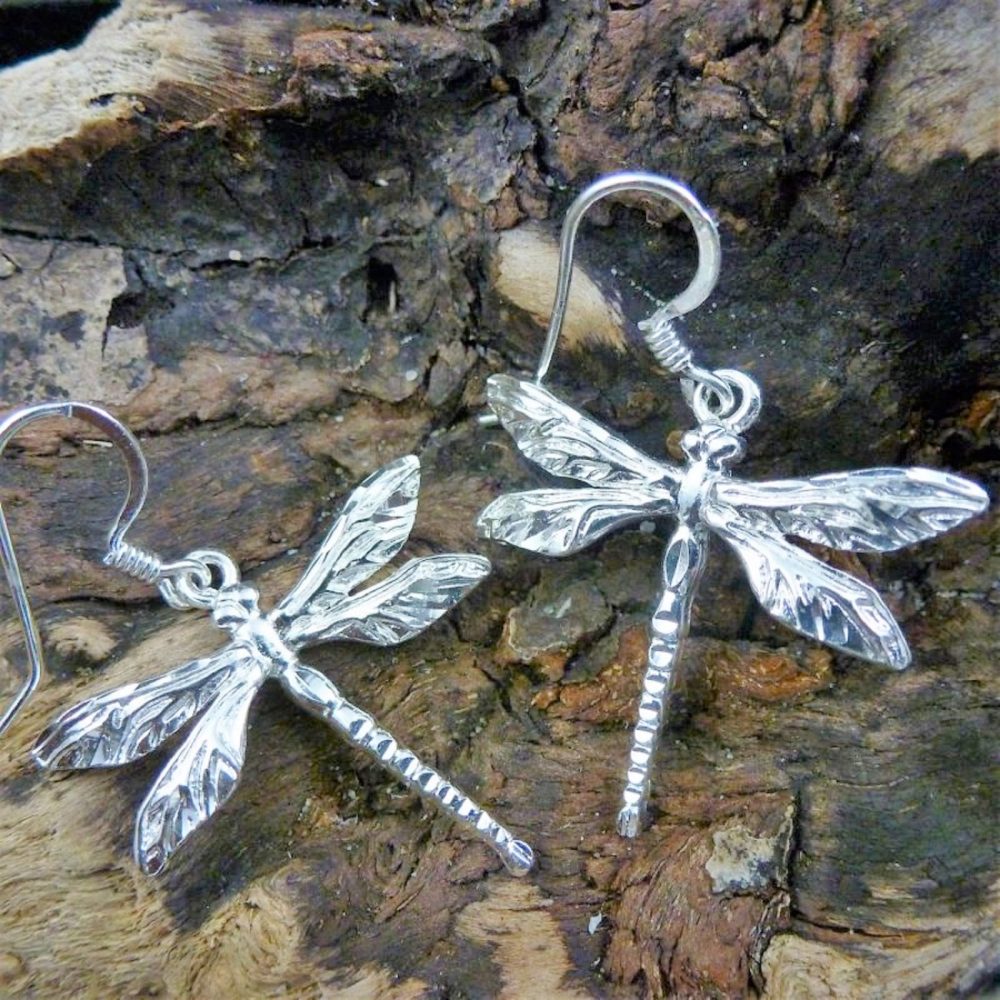 Silver Dragonfly Earrings, 1 5/8 long Diamond cut .925 Sterling